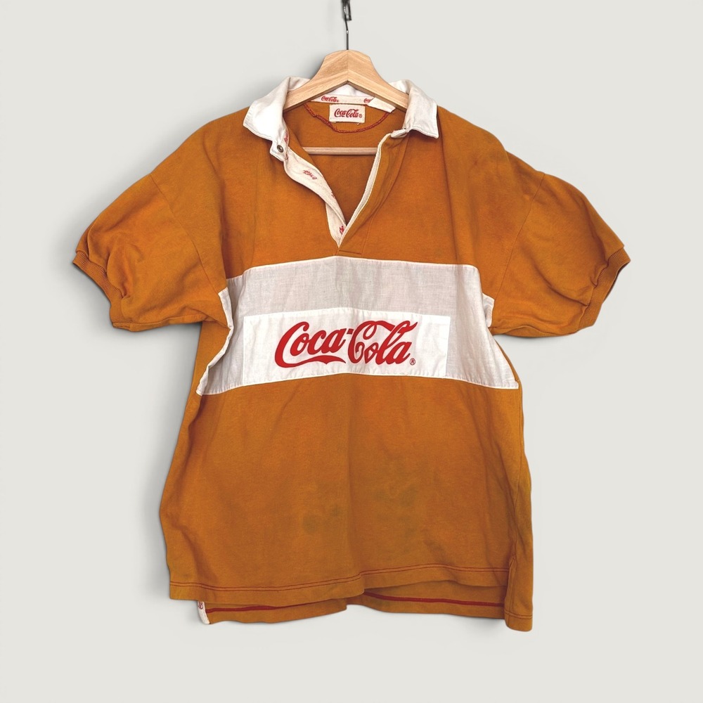 Vintage 80s Coca-Cola Rugby Shirt Yellow White Stripe Promo Short Sleeve XL Ugly